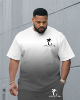 Men's Plus Size Grey & White Gradient Chest Vacation Small Label Coconut Tree Printed Round Neck Short Sleeve T-Shirt Suit Pants